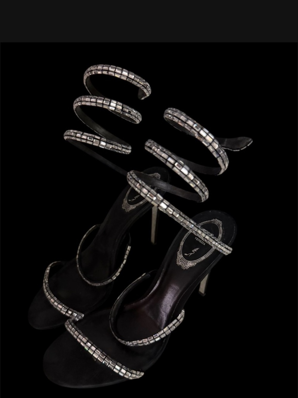 Rene Caovilla Black Crystal Spiral Ankle-Strap Stilettos